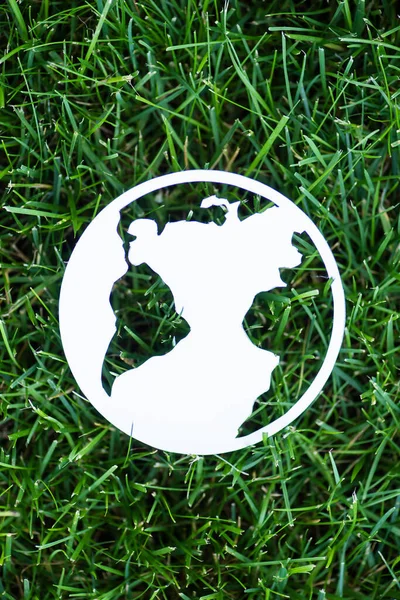 Draufsicht auf Papier Planetenschild auf grünem Gras, Ökologiekonzept — Stockfoto