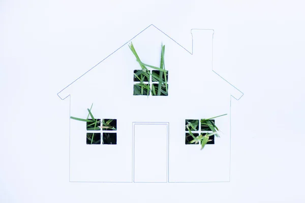 Top view of drawn house with green grass on white background, ecology concept — Stock Photo