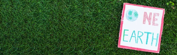 Foto panorámica de pancarta con una inscripción de tierra en hierba verde al aire libre, concepto de ecología - foto de stock