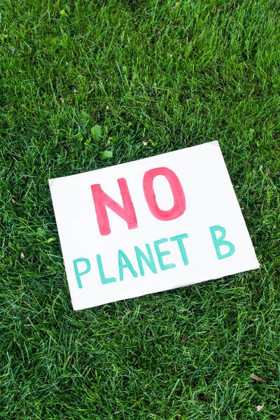 Vista superior de la pancarta sin letras planeta b en la hierba, concepto de ecología - foto de stock