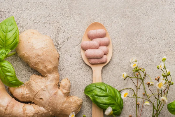 Vista dall'alto di erbe, foglie verdi, radice di zenzero e pillole in cucchiaio di legno su sfondo concreto, concetto di naturopatia — Foto stock