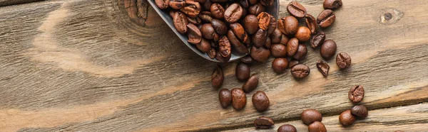 Top view of metal scoop with coffee beans on wooden surface, panoramic shot — Stock Photo