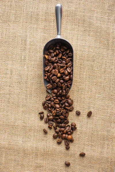 Вид зверху на металеву ложку з кавовими зернами на мішковині — стокове фото