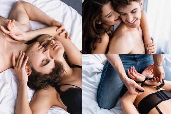 Collage de couple sexy couché sur le lit et l'homme attachant les mains sur la femme soumise dans la chambre — Photo de stock