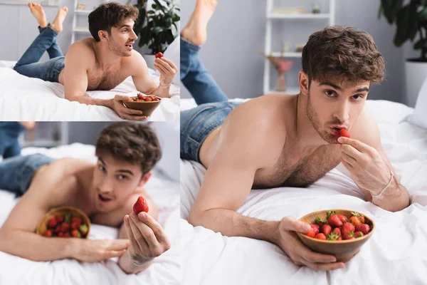 Collage de hombre sin camisa y descalzo acostado en la cama y sosteniendo tazón con fresas maduras - foto de stock