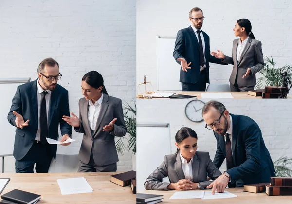 Collage de empresaria y hombre de negocios barbudo apuntando con las manos a los documentos mientras habla en la oficina - foto de stock