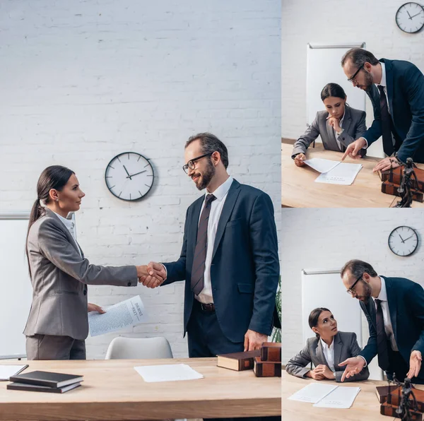 Collage of businesswoman and bearded businessman shaking hands and looking at documents while talking in office — Stock Photo