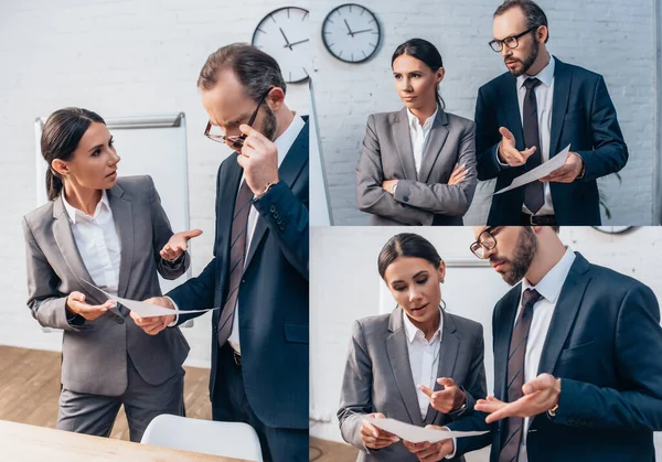Collage de hombre de negocios y mujer de negocios hablando y haciendo gestos en el cargo - foto de stock