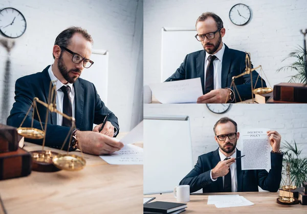 Collage eines Geschäftsmannes mit Brille, der Versicherungsunterlagen in der Nähe von Waagen und Büchern im Büro betrachtet — Stockfoto
