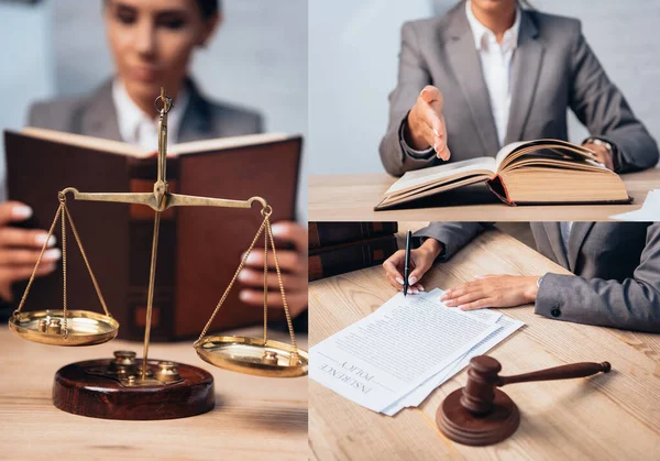 Collage of woman reading book, pointing with finger and signing insurance policy agreement near gavel — Stock Photo