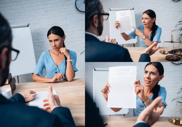 Collage de morena y cliente disgustado señalando con el dedo en el acuerdo de póliza de seguro cerca de abogado - foto de stock