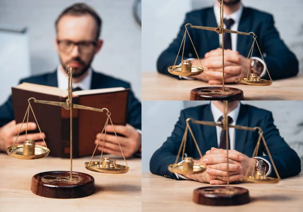 Colagem de advogado barbudo segurando livro e sentado com as mãos apertadas perto de escalas douradas — Fotografia de Stock