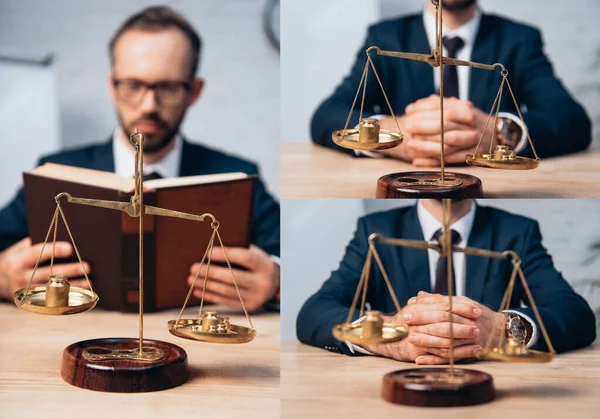 Collage of bearded lawyer holding book and sitting with clenched hands near golden scales — Stock Photo