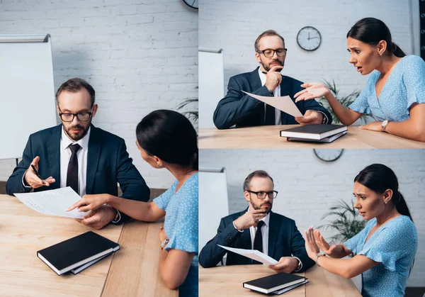 Collage eines bärtigen Anwalts, der Versicherungsunterlagen in der Nähe eines unzufriedenen brünetten Klienten hält, der keine Geste im Amt zeigt — Stockfoto