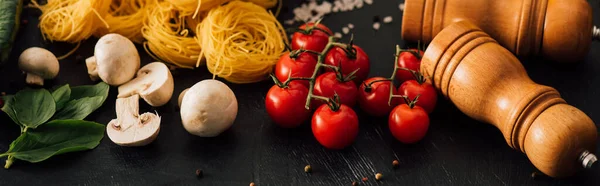 Capellini crudi italiani con verdure e condimento su fondo nero, colpo panoramico — Foto stock