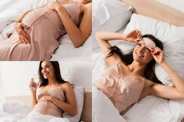 Collage of pregnant woman in silk nightie touching belly and eye mask while holding glass of water in bedroom — Stock Photo