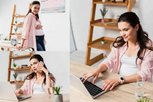 Collage of brunette and pregnant woman taking on smartphone and using laptop while working from home — Stock Photo