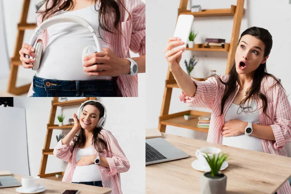 Коллаж беременной женщины, слушающей музыку в беспроводных наушниках возле гаджетов и чашки на столе — стоковое фото