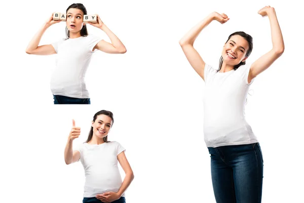 Collage of pregnant woman touching belly, showing thumb up and holding wooden cubes with baby lettering isolated on white — Stock Photo