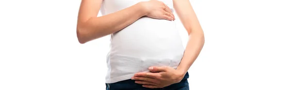 Horizontal crop of pregnant woman touching belly isolated on white — Stock Photo