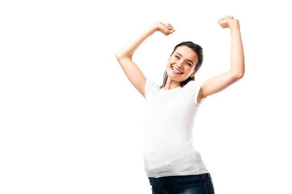 Pregnant woman in white t-shirt standing with hands above head isolated on white — Stock Photo