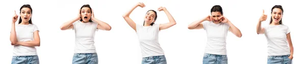 Collage of woman having idea, crying, showing thumb up and standing with hand in pocket isolated on white — Stock Photo