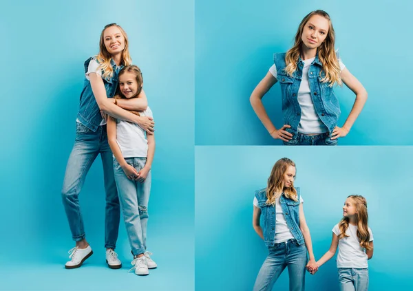 Collage di giovane donna in abiti di denim in piedi con le mani sui fianchi, abbracciando la figlia e tenendosi per mano con lei su blu — Foto stock