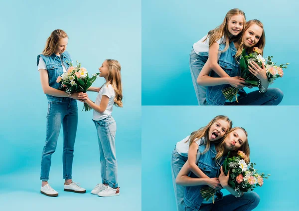 Collage von Mädchen, die der Mutter Blumen überreichen, sich umarmen und gemeinsam Grimassen auf blauem Grund fratzen — Stockfoto