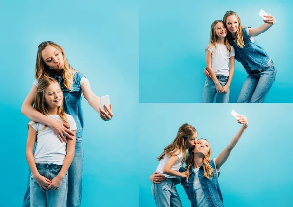 Collage de la madre haciendo pucheros labios mientras toma selfie en el teléfono inteligente con su hija besándola aislada en azul - foto de stock