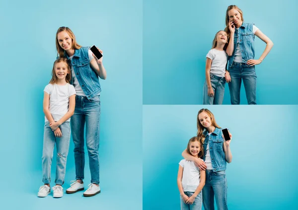 Collage of woman in denim clothes talking on cellphone near curios daughter and showing smartphone with blank screen on blue — Stock Photo