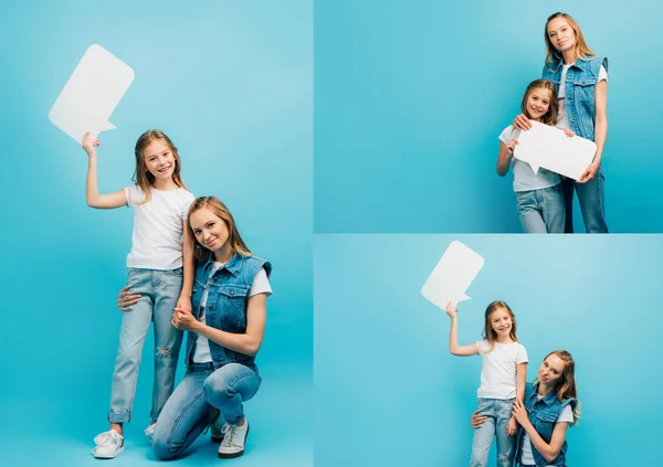 Collage di giovane donna in denim vestiti toccare figlia tenendo discorso bolla su blu — Foto stock