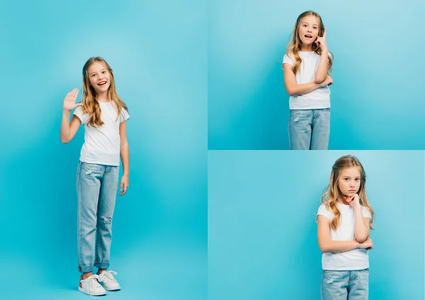 Collage of girl in white t-shirt and jeans waving hand, showing idea sign and looking at camera on blue — Stock Photo