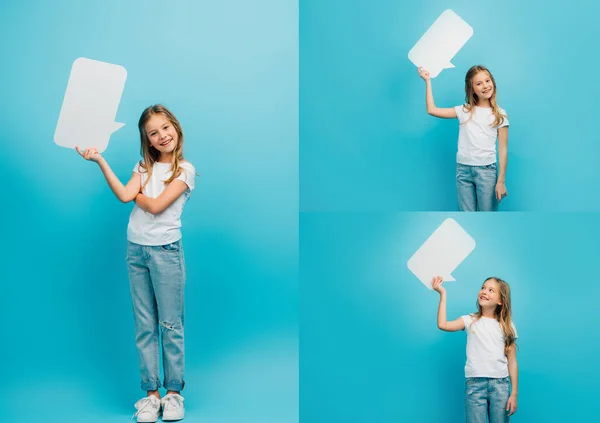 Collage of child in white t-shirt and jeans holding speech bubble on blue — Stock Photo