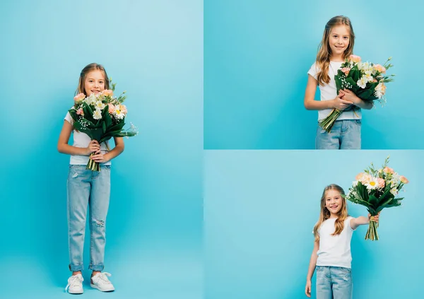 Collage of girl in white t-shirt and jeans holding bouquet of flowers and looking at camera on blue — Stock Photo