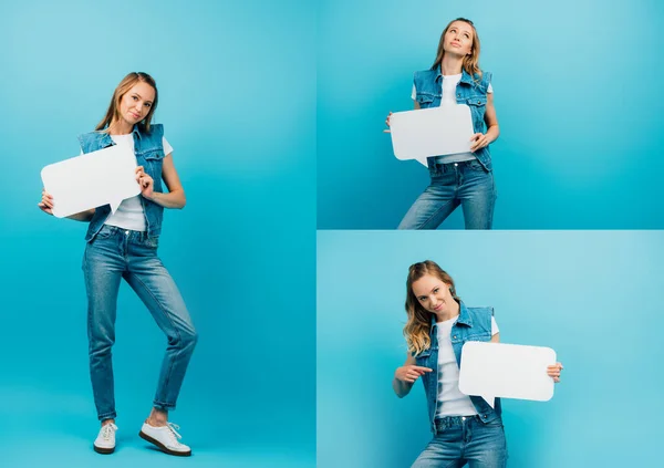 Collage of young woman in denim clothes holding speech bubble and pointing with finger on blue — Stock Photo