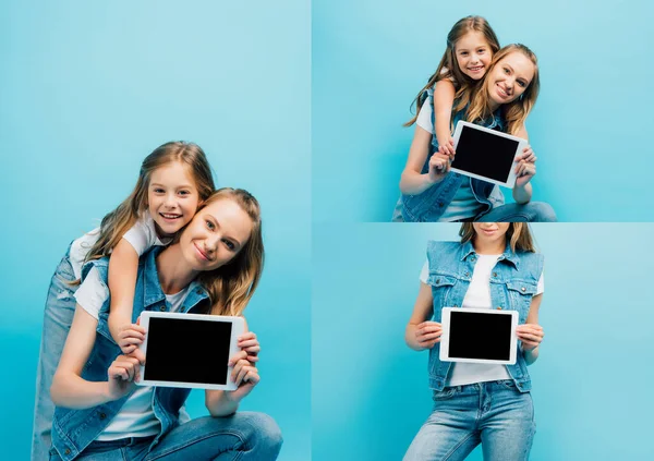 Collage of young woman with daughter showing digital tablet with blank screen on blue — Stock Photo