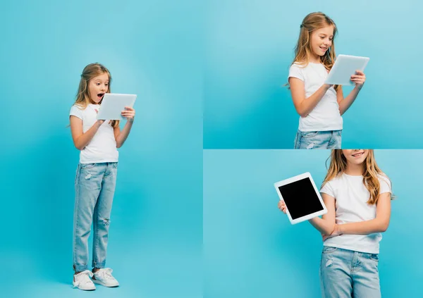 Collage de chica en jeans y camiseta blanca usando y mostrando tableta digital en azul - foto de stock