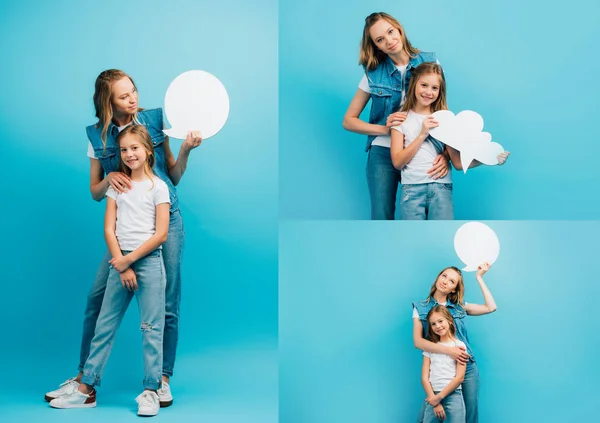 Колаж молодої матері в джинсовому одязі обіймає дочку, тримаючи мислення бульбашку на синьому — стокове фото
