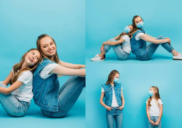 Collage di giovane donna e bambino seduti dietro e con maschere mediche su blu — Foto stock