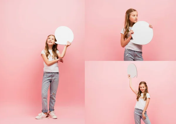 Collage of girl in white t-shirt and jeans holding thought bubble on pink — Stock Photo
