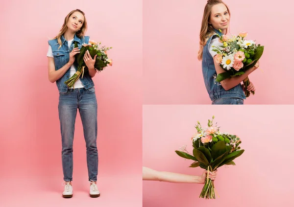 Collage of woman in denim clothes and female hand with bouquet of flowers on pink — Stock Photo