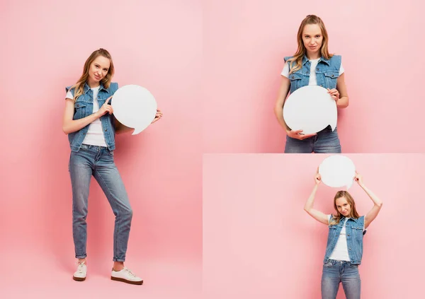 Collage of woman in denim clothes holding thought bubble while looking at camera on pink — Stock Photo