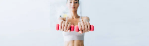 Panoramic crop of sportswoman exercising with pink dumbbells in living room — Stock Photo