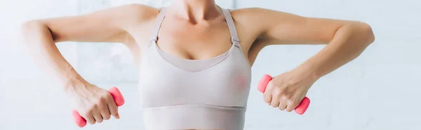 Horizontal concept of sportswoman with dumbbells training at home — Stock Photo