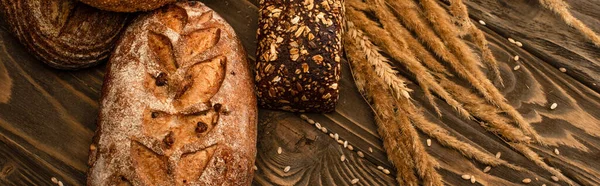 Fresh baked bread loaves with spikelets on wooden surface, panoramic shot — Stock Photo