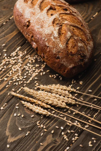 Fresh baked bread loaf near spikelets on wooden surface — Stock Photo