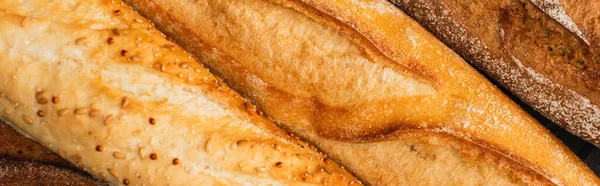 Nahaufnahme von frisch gebackenen Baguette-Broten, Panoramaaufnahme — Stockfoto