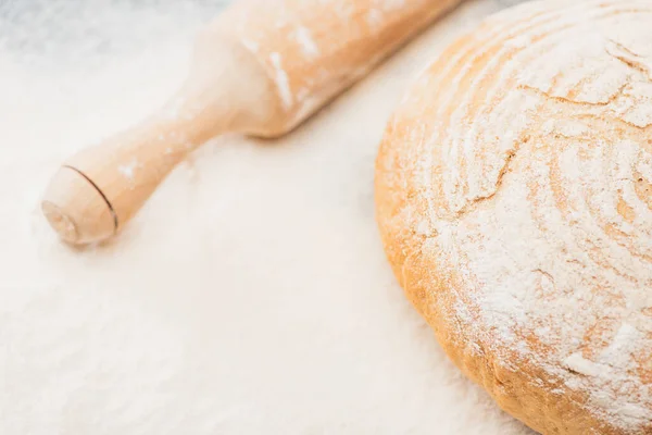 Close up view of fresh baked bread and wooden rolling pin on flour — Stock Photo