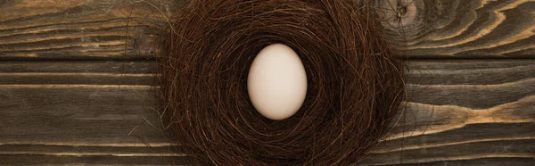 Draufsicht auf frisches Hühnerei im Nest auf Holzoberfläche, Panoramaaufnahme — Stock Photo