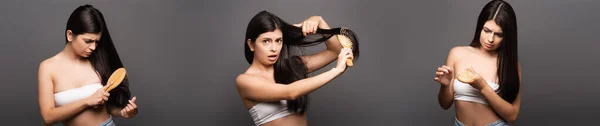 Collage de mujer morena preocupada y conmocionada cepillando el pelo aislado en negro, plano panorámico - foto de stock